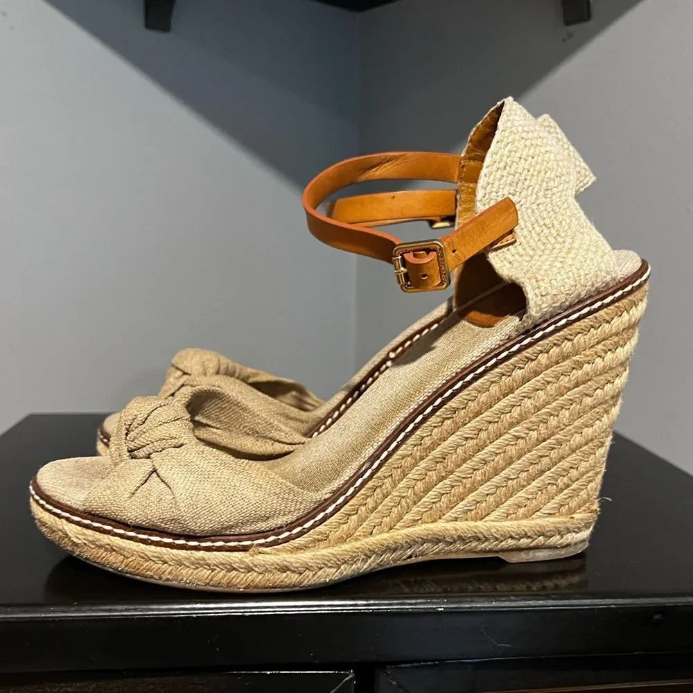 Tory Burch Macy Natural Linen with Metallic Flecks Espadrille Wedges